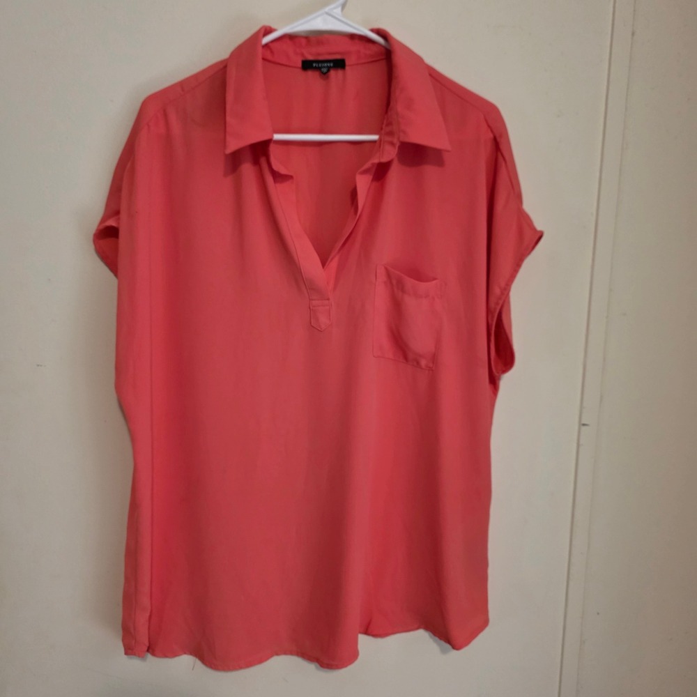 Pleione Womens Top Size XXL Coral Short Sleeve Pocket Blouse Business Casual